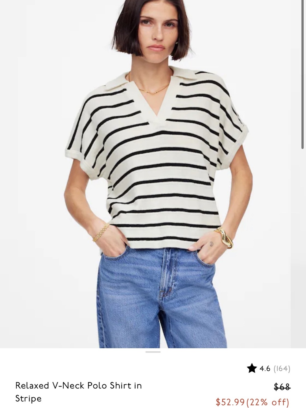 Madewell White and Black Striped V-Neck Polo Sweater